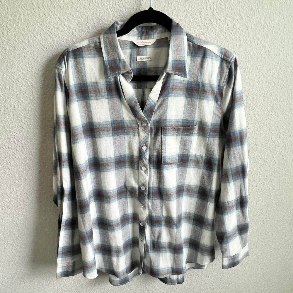 Weatherproof Vintage Plaid Flannel Women's Button down shirt Large Stretch